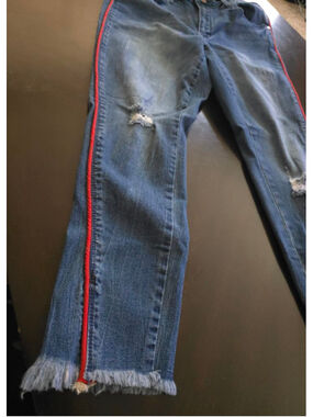 Women's Seven7 Jeans Blue Distressed Ankle Skinny with Red Stripe Plus Size14